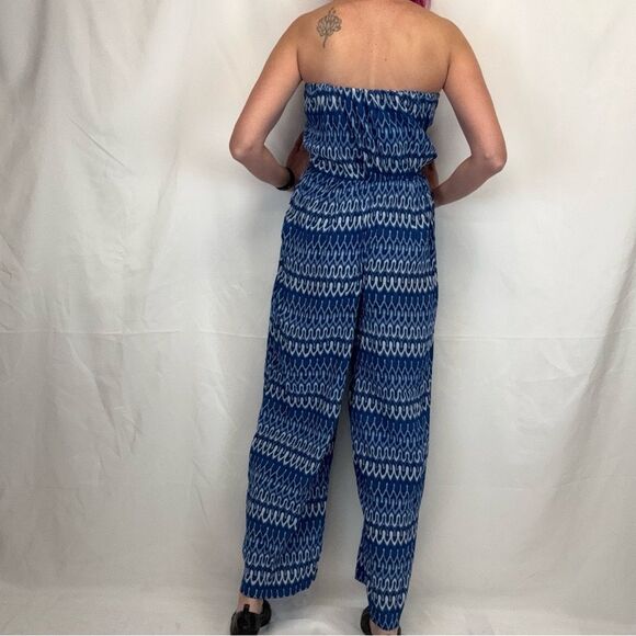 Thakoon Women's Sleeveless Silk Wide Leg Jumpsuit Romper Blue 6 Pockets Abstract - Picture 2 of 15